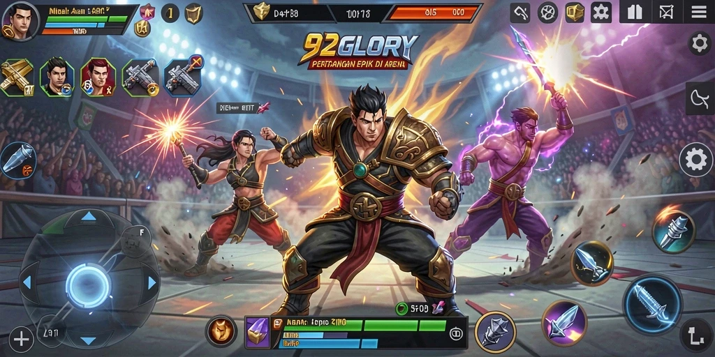 Tampilan pertarungan seru di <strong>92GLORY</strong> dengan berbagai karakter dan arena.