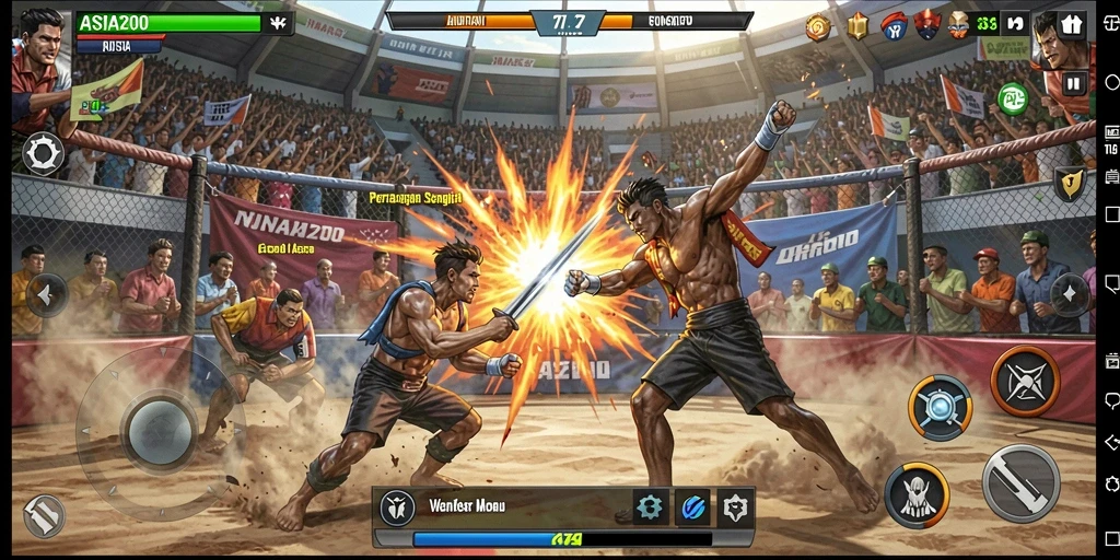 Screenshot ASIA200 menampilkan aksi pertarungan yang intens dan karakter siap bertarung.