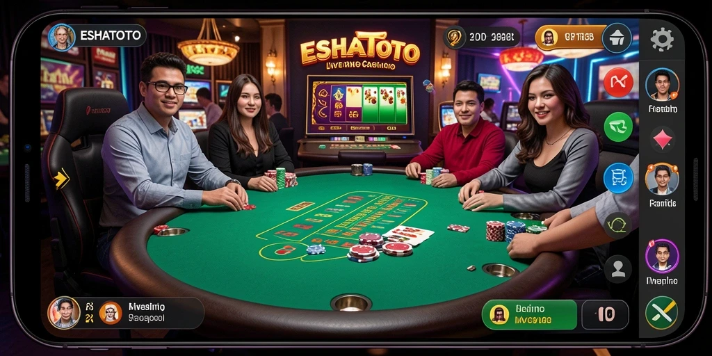 Tampilan gameplay ESHATOTO dengan dealer langsung di meja kasino.