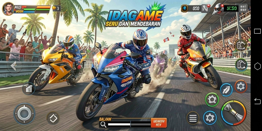 Screenshot gameplay IDAGAME dengan balapan motor yang menegangkan.