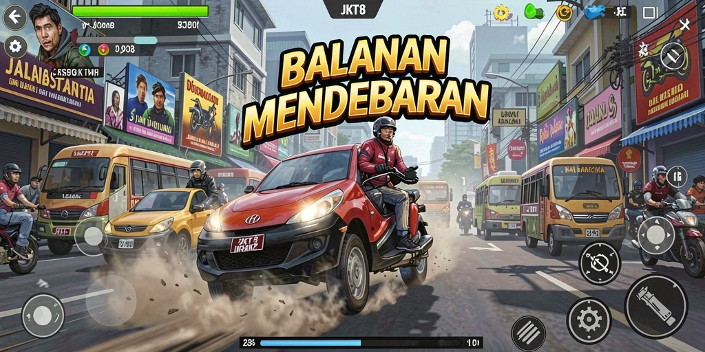 Tampilan gameplay JKT8 dengan aksi balapan yang seru dan grafis menakjubkan.