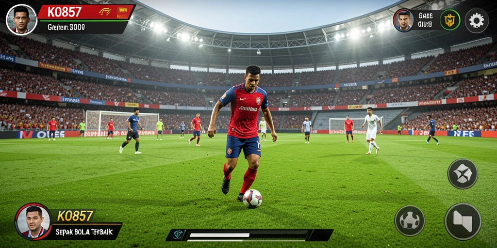 Tangkapan layar gameplay KO857 menampilkan aksi dramatis di lapangan sepak bola.