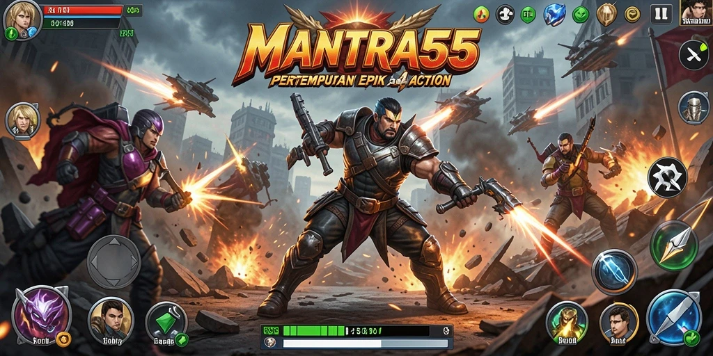 Screenshot utama MANTRA55 menampilkan aksi pertempuran yang seru dan intens.