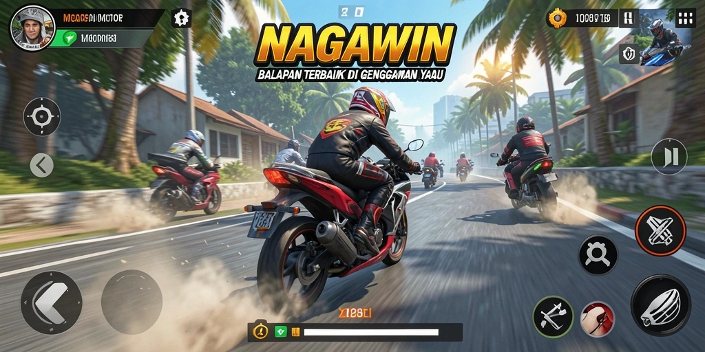 Screenshot NAGAWIN menampilkan aksi balapan motor yang mendebarkan.