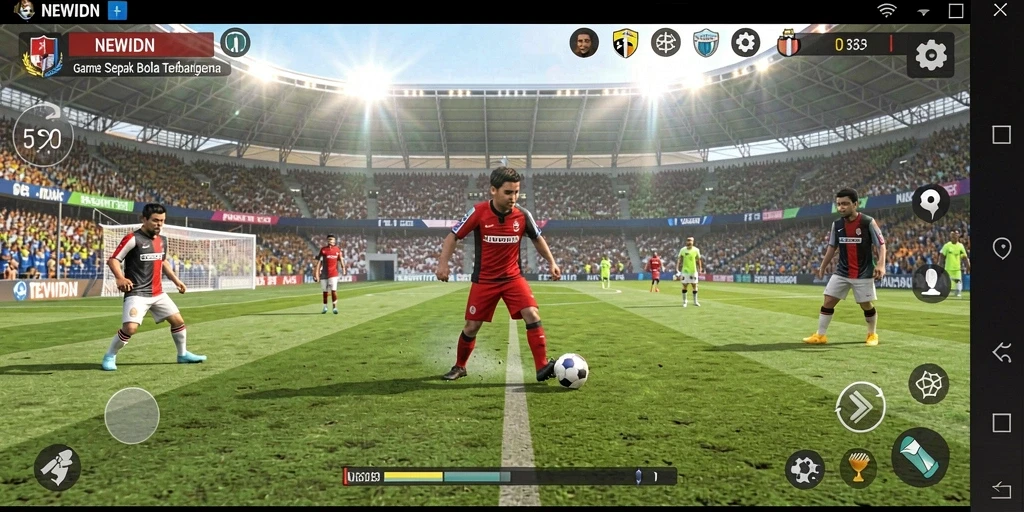 Screenshot utama NEWIDN menampilkan momen seru pertandingan sepak bola.