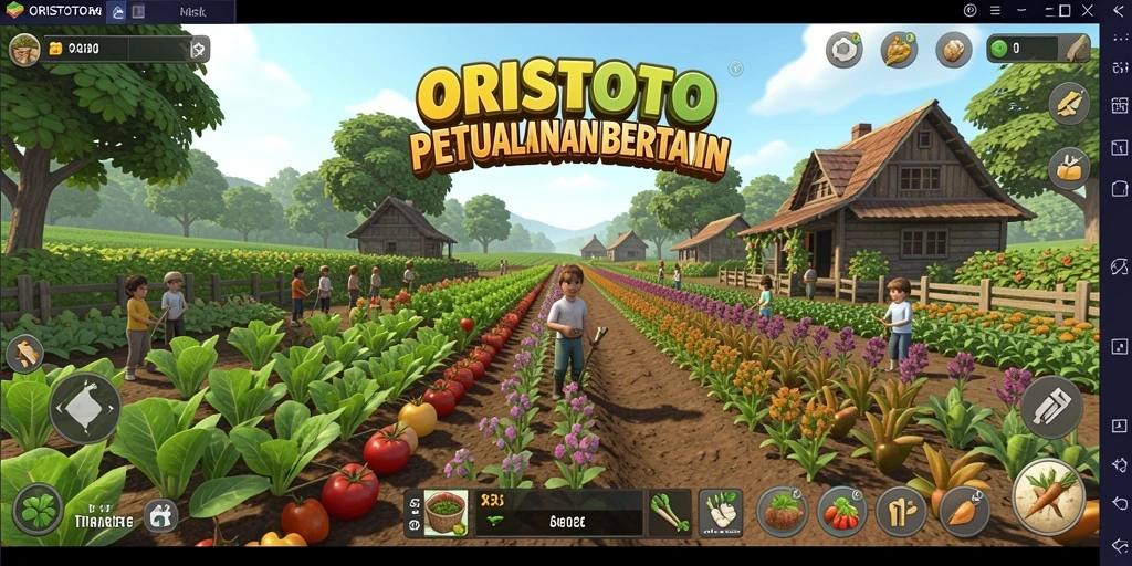 Tampilan gameplay ORISTOTO dengan pemandangan pertanian yang indah.