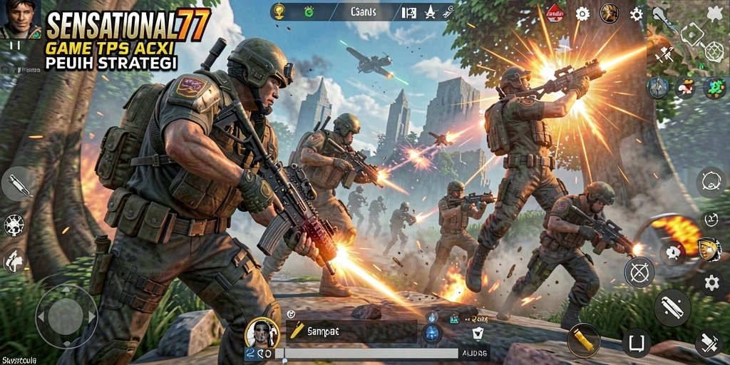 Screenshot gameplay SENSATIONAL77 menampilkan aksi pertempuran yang mendebarkan.